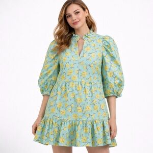 Brianna Cannon Blue Yellow Floral Puff Sleeve Ruffle Mini Dress Size S Like New